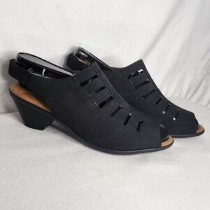 Comfortiva Black Leather Slingback Peep Toe Block Heel Sandals 9.5N 8330041